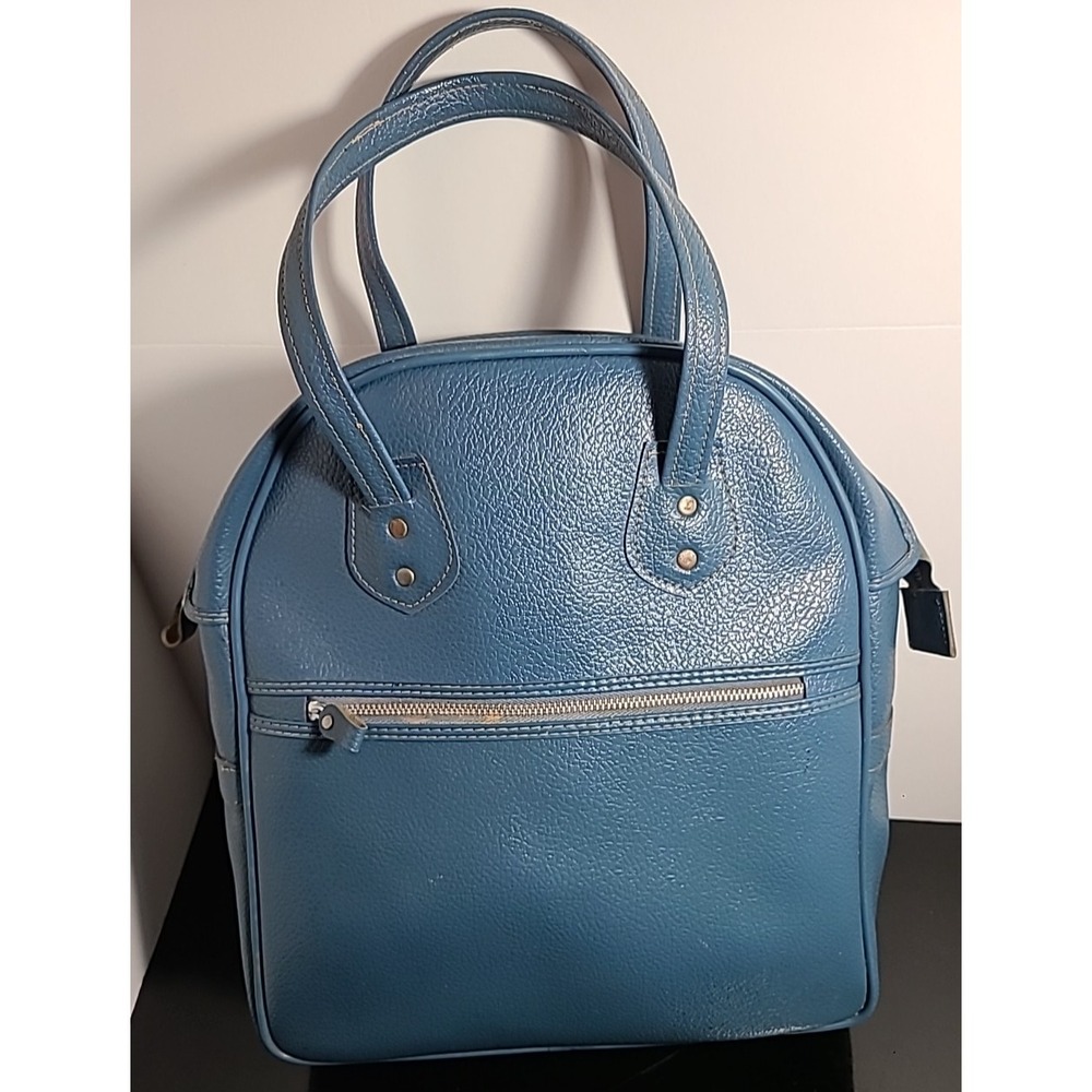 Vintage 1960s Mod Blue Travel Shoe Tote Social Cobbies Red Cross Shoes‎ Bag